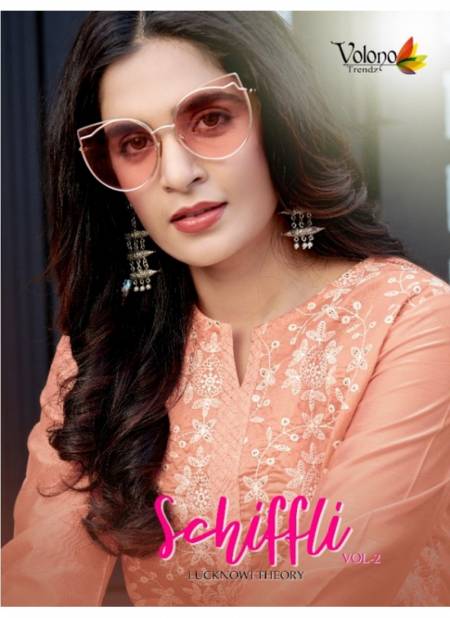 Volono Schiffli 2 Latest Fancy Lakhnavi Work ON 100% Viscose Chanderi With Enar Heavy Rayon With Weaving Sequence Designer Embroidery  Kurti With Bottom Collection Catalog